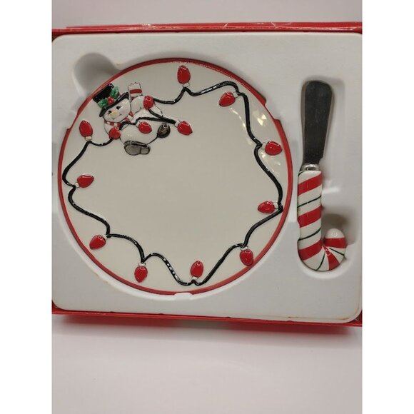 Fitz And Floyd Cheers Holiday Plate & Spreader Set - Snowman & Lights - Picture 2 of 6
